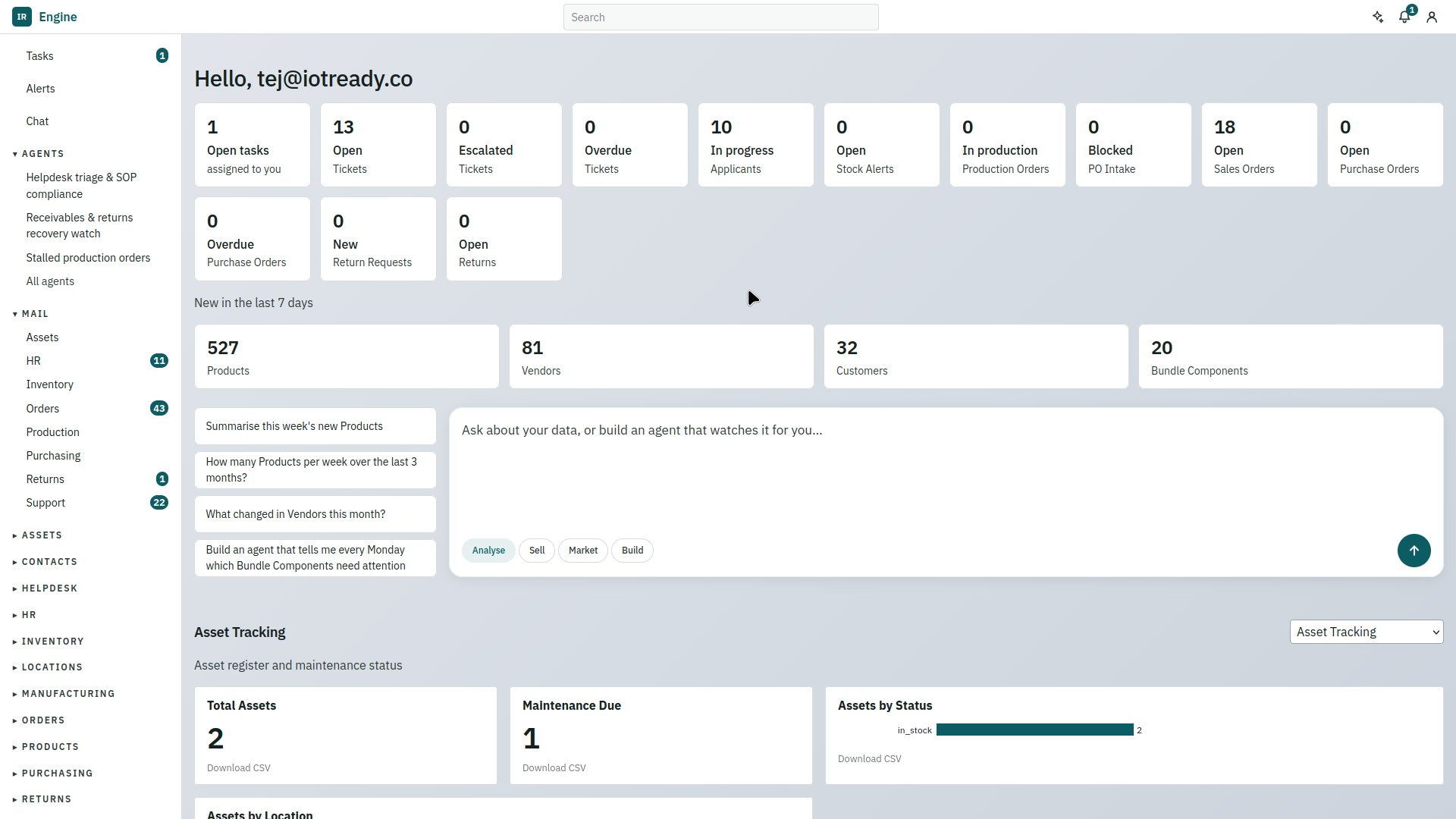 The Engine home screen. A sidebar lists Tasks, Alerts, Chat, Agents, Mail and the modules. Counts of open tickets, orders and stock alerts run across the top, and a chat box below them asks you to ask about your data or build an agent.