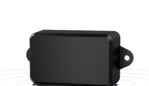 Black plastic BLE asset tag with an integrated mounting tab