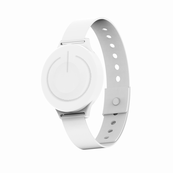 White wristband beacon with a round button module and an adjustable silicone strap