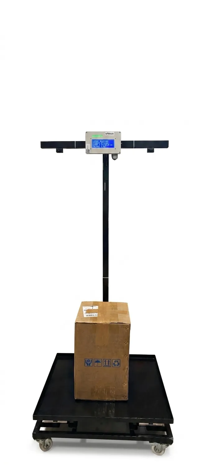 IoTReady Profiler station with a carton on the platform beneath the overhead sensor bar and display