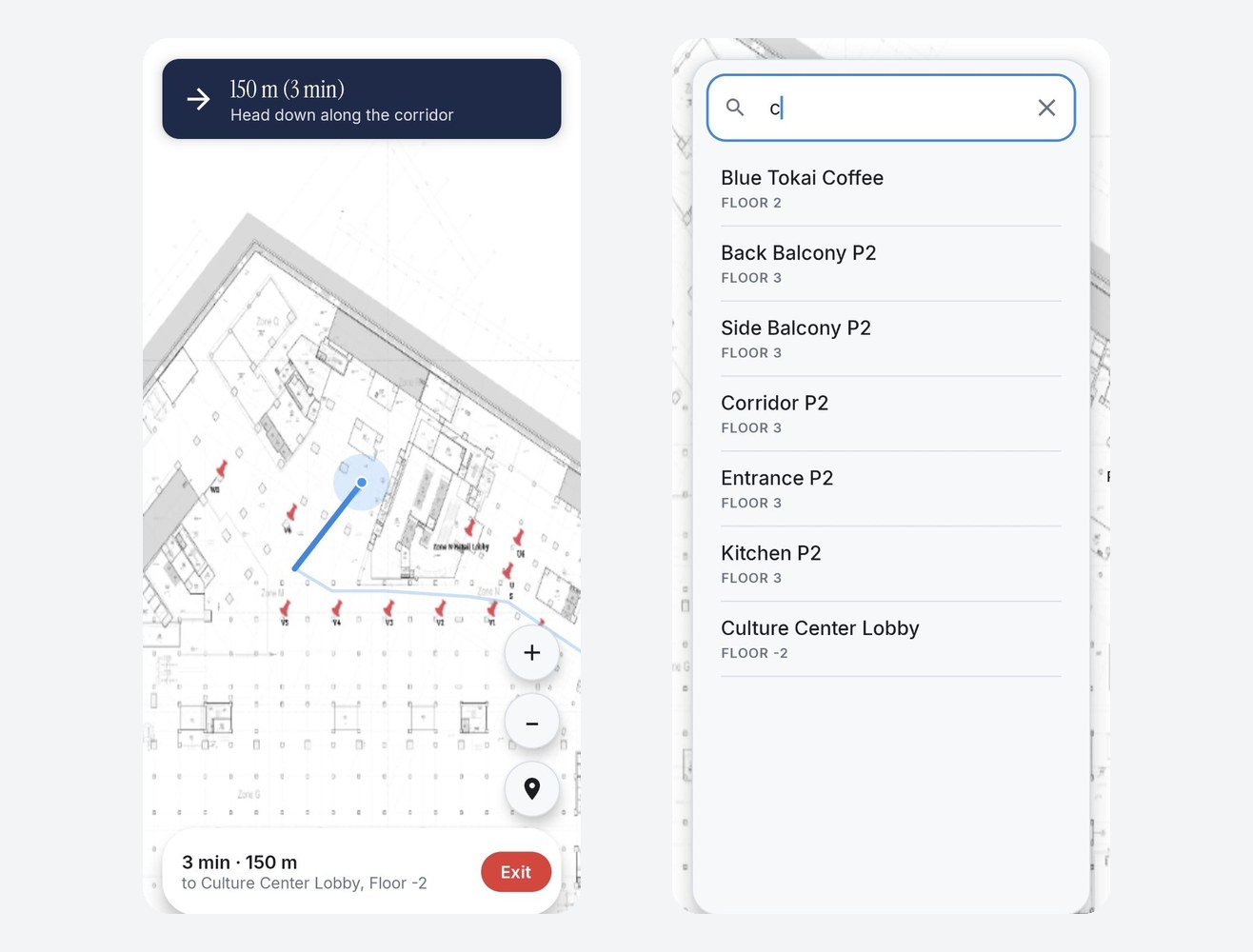 Two phone screens side by side, one showing a blue dot and a routed path on a floor plan with a 150 m, 3 min banner, the other showing a search for a destination listed by floor