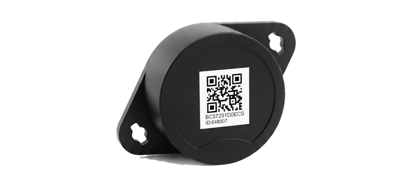 A black BLE beacon with two screw tabs and a QR code label on its face