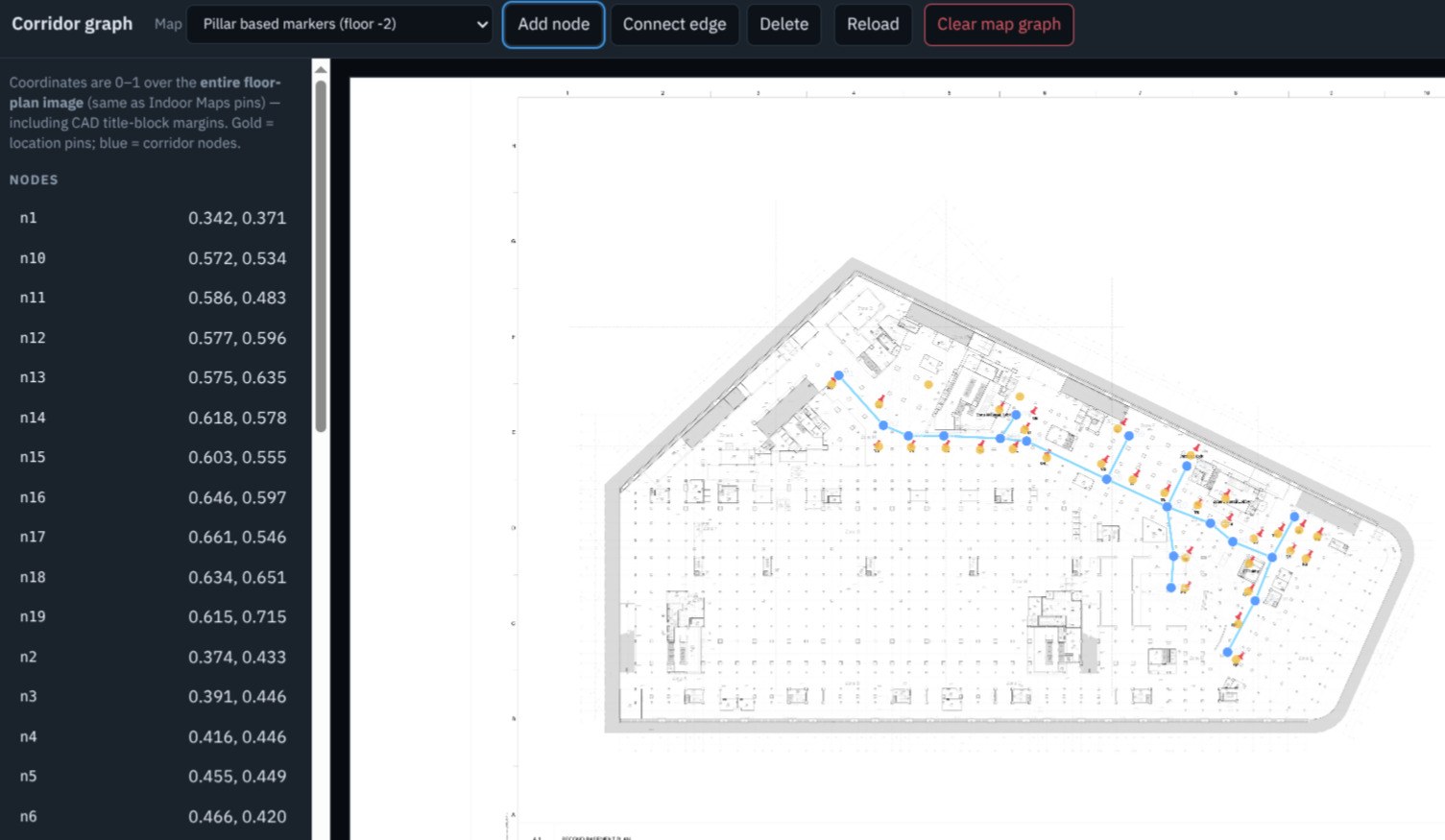 An operator screen showing a floor plan with route nodes, connecting paths and destination pins drawn on top of it