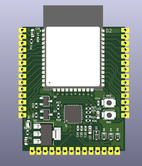 A 3D render of the front of the stamp-sized ESP32 development board, with gold castellated pads along both edges and two buttons